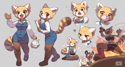 Size: 1200x647 | Tagged: safe, artist:popodunk, fenneko (aggretsuko), haida (aggretsuko), retsuko (aggretsuko), canine, fennec fox, fox, hyena, mammal, red panda, spotted hyena, anthro, aggretsuko, sanrio, 2021, annoyed, armband, blushing, breasts, brown eyes, claws, clipboard, clothes, crying, drink, eating, female, female focus, fire, fishnet, fishnet stockings, flower, food, fur, gesture, gray background, grin, group, holding, holding object, kneeling, legwear, looking at each other, looking at you, looking back, looking down, male, microphone, one leg raised, open mouth, plant, rage, raised leg, see-through, simple background, sitting, smiling, solo focus, spiked wristband, spikes, standing, stockings, surprised, tears, tears of joy, teeth, tongue, tray, vixen, waving, white eyes, wide hips, wristband
