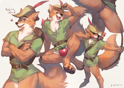 Size: 980x693 | Tagged: suggestive, artist:popodunk, robin hood (robin hood), canine, fox, mammal, anthro, disney, robin hood (disney), 2021, apple, archery, arrow, bottomless, bow, bow and arrow, butt, clothes, convenient censorship, fluff, food, fruit, fur, hat, headgear, headwear, heart, looking at you, male, multicolored fur, nudity, orange body, orange fur, partial nudity, paw pads, paws, plant, simple background, solo, solo male, two toned body, two toned fur, white body, white fur