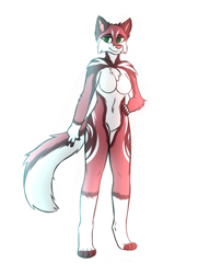 Size: 2437x3361 | Tagged: safe, artist:fironmaplez, oc, oc only, canine, fox, mammal, anthro, digitigrade anthro, barbie doll anatomy, breasts, chest fluff, featureless breasts, featureless crotch, fluff, green eyes, high res, smiling