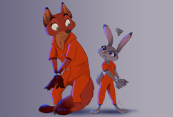 Size: 1432x966 | Tagged: safe, artist:littlepolka, judy hopps (zootopia), nick wilde (zootopia), canine, fox, lagomorph, mammal, rabbit, anthro, disney, zootopia, clothes, cuffs, duo, duo male and female, female, frustrated, grumpy, male, prison outfit, prisoner