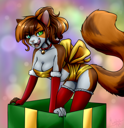 Size: 2000x2062 | Tagged: suggestive, artist:megabait, cat, feline, mammal, anthro, feral, armwear, bell, breasts, clothes, collar, female, green eyes, high res, legwear, licking, present, red clothes, red stockings, signature, solo, solo female, stockings, tongue, tongue out