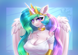 Size: 3508x2480 | Tagged: safe, artist:dandy, princess celestia (mlp), alicorn, equine, fictional species, mammal, pony, anthro, friendship is magic, hasbro, my little pony, abstract background, anthrofied, blushing, border, breasts, bust, chest fluff, clothes, crown, ear fluff, erect nipples, eyebrows, eyelashes, eyeshadow, feathered wings, feathers, female, fluff, fur, gloves, hair, high res, horn, jewelry, long gloves, long hair, looking at you, makeup, multicolored hair, nipple outline, off shoulder, purple eyes, regalia, shoulder fluff, simple background, smiling, solo, solo female, white body, white fur, wings