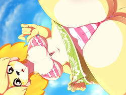 Size: 2000x1500 | Tagged: suggestive, artist:rainbowscreen, isabelle (animal crossing), canine, dog, mammal, shih tzu, anthro, animal crossing, nintendo, 2019, belly button, big breasts, bikini, black nose, breasts, brown hair, cameltoe, clothes, ears, eyebrows, eyelashes, female, fur, hair, multicolored fur, open mouth, pink bikini, pink swimsuit, solo, solo female, swimsuit, tail, thick thighs, thighs, tongue, white body, white fur, yellow body, yellow fur