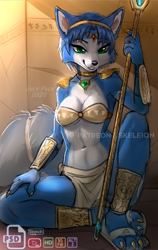 Size: 632x1000 | Tagged: safe, artist:skeleion, krystal (star fox), canine, fox, mammal, anthro, nintendo, star fox, 2020, accessories, armor, black nose, blue body, blue fur, blue hair, blue tail, body markings, bottomwear, bra, bracelet, breasts, claws, cleavage, clothes, colored claws, ear fluff, ears, eyebrows, eyelashes, female, flip flops, fluff, fur, gauntlets, gem, gloves, gold claws, green eyes, hair, hair accessory, handwear, headband, jewelry, krystal's staff, loincloth, looking at you, multicolored body, multicolored fur, nail polish, necklace, paws, sandals, shoes, short hair, signature, smiling, smiling at you, smirk, solo, solo female, tail, tail band, tail fluff, tattoo, text, thighs, topwear, tribal, tribal armor, tribal markings, tribal outfit, two toned body, two toned fur, unconvincing armor, underwear, vixen, weapon, white body, white fur