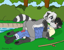Size: 1280x991 | Tagged: safe, artist:delisle, mammal, procyonid, raccoon, anthro, 2021, barefoot, black hair, blue eyes, breasts, brown eyes, brush, butt, clothes, digital art, duo, duo male and female, ears, feet, female, fishing rod, fur, grass, gray body, gray fur, gray hair, hair, imminent sex, kissing, lying down, male, nudity, outdoors, overalls, paw pads, paws, river, seductive, shirt, shy, signature, small breasts, soles, sweat, sweatdrop, tail, toes, topwear, tree, water