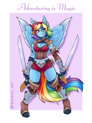 Size: 3072x4096 | Tagged: safe, artist:ambris, rainbow dash (mlp), equine, fictional species, mammal, pegasus, pony, anthro, unguligrade anthro, friendship is magic, hasbro, my little pony, 2021, abstract background, adventuring is magic, anthrofied, belly button, breasts, butt, cleavage, cyan fur, ear piercing, earring, english text, eye scar, eyebrows, eyelashes, feathered wings, feathers, female, hair, hooves, jewelry, magenta eyes, piercing, rainbow hair, rainbow tail, scar, short hair, solo, solo female, sword, tail, torn ear, underass, weapon, wings