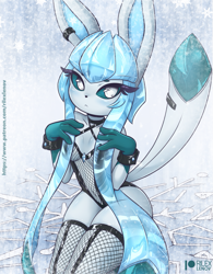 Size: 801x1025 | Tagged: safe, artist:rilexlenov, eeveelution, fictional species, glaceon, mammal, anthro, cc by-nc-sa, creative commons, nintendo, pokémon, 2021, blue body, blue hair, blushing, bracelet, breasts, clothes, colored sclera, cyan body, ear piercing, earring, ears, eyebrows, eyelashes, female, fishnet, fishnet clothing, fishnet stockings, hair, ice, jewelry, legwear, multicolored body, no pupils, piercing, see-through, snow, solo, solo female, stockings, tail, thick thighs, thighs, white eyes
