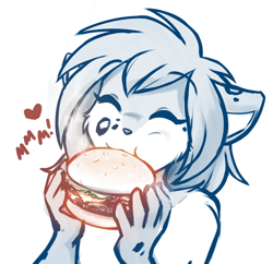 Size: 594x575 | Tagged: safe, artist:twokinds, kat (twokinds), fictional species, keidran, mammal, anthro, twokinds, burger, bust, cheese, dairy products, eating, english text, eyes closed, female, food, heart, lettuce, love heart, meat, onomatopoeia, simple background, solo, solo female, text, vegetables, white background