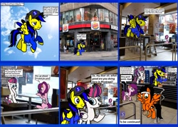 Size: 1920x1369 | Tagged: safe, artist:mrstheartist, pipp petals (mlp), zipp storm (mlp), oc, oc:lekonar, oc:ponyseb 2.0, equine, fictional species, mammal, pegasus, pony, feral, comic:ponyseb 2.0 meets zipp storm at montreal, burger king, friendship is magic, hasbro, my little pony, my little pony g5, spoiler, spoiler:my little pony g5, base used, cap, clothes, comic, female, flying, hat, hoodie, hungry, ponies in quebec, ponies in real life, restaurant, royal sisters (g5), siblings, sister, sisters, sitting, sky, speech bubble, stomach noise, surprised, topwear, window
