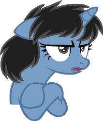 Size: 397x467 | Tagged: safe, artist:muhammad yunus, oc, oc only, oc:siti shafiyyah (sofie), equine, fictional species, mammal, pony, unicorn, feral, friendship is magic, hasbro, my little pony, black hair, blue body, female, floppy ears, hair, indonesia, low res, simple background, solo, solo female, transparent background, unamused