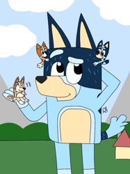 Size: 899x1200 | Tagged: safe, artist:cheshirecat137, bandit heeler (bluey), bingo heeler (bluey), bluey heeler (bluey), chilli heeler (bluey), australian cattle dog, canine, dog, mammal, semi-anthro, bluey (series), cloud, daughter, eyes closed, father, father and child, father and daughter, female, hug, macro, male, mother, mother and daughter, mountain, siblings, sister, sisters, size difference, sky, tail