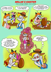 Size: 900x1274 | Tagged: safe, artist:contix, oc, oc:cousin jimmy (contix), oc:millie macgragor (contix), mammal, marsupial, opossum, anthro, bunny costume, chocolate, clothes, comic, costume, duo, easter, easter basket, easter egg, female, food, male