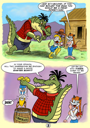 Size: 1024x1449 | Tagged: safe, artist:contix, oc, oc:cousin jimmy (contix), oc:millie macgragor (contix), alligator, crocodilian, mammal, marsupial, opossum, reptile, anthro, bunny ears, chocolate, comic, easter, easter egg, female, food, group, male