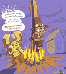 Size: 847x950 | Tagged: safe, artist:machu, oc, oc:mat & brixie (machu), lagomorph, mammal, rabbit, anthro, burning at the stake, dancing, duo, feather, female, fire, holiday, male, native american, pilgrim, pilgrim hat, pole, stake, thanksgiving, tied up, tomahawk, war paint