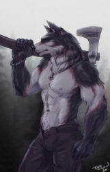 Size: 707x1100 | Tagged: safe, artist:personalami, oc, oc:einarr (personalami), canine, mammal, wolf, anthro, abs, axe, bottomwear, clothes, fluff, jewelry, male, muscles, muscular male, neck fluff, necklace, pants, partial nudity, pecs, solo, solo male, topless, weapon