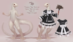 Size: 1652x955 | Tagged: safe, artist:madness_demon, lizard, reptile, anthro, albino, battle maid, clothes, female, maid, maid outfit, red eyes, reference sheet, scales, solo, solo female