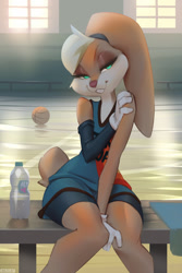 Size: 600x900 | Tagged: safe, artist:miles-df, lola bunny (looney tunes), lagomorph, mammal, rabbit, anthro, looney tunes, space jam, space jam: a new legacy, warner brothers, ball, basketball, basketball court, basketball uniform, bench, female, looking at you, sitting, solo, solo female, water bottle