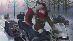 Size: 1320x742 | Tagged: safe, artist:miles-df, jenna (balto), canine, dog, husky, mammal, anthro, balto (series), badass, bottomwear, clothes, female, looking back, pants, snow, solo, solo female, sweat