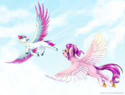 Size: 5000x3813 | Tagged: safe, artist:gaelledragons, pipp petals (mlp), zipp storm (mlp), equine, fictional species, mammal, pegasus, pony, feral, hasbro, my little pony, my little pony g5, spoiler, spoiler:my little pony g5, 2021, absurd resolution, blank flank, blue eyes, blue feathers, blue hair, circlet, cloud, digital art, duo, duo female, ears laid back, feathered wings, feathers, female, females only, flying, fur, green eyes, hair, hooves, mare, multicolored hair, multicolored mane, open mouth, pink body, pink feathers, pink fur, pink hair, purple hair, siblings, signature, sister, sisters, sky, speed paint, speedpaint available, spread wings, tail, unshorn fetlocks, video in the description, white body, white fur, wings