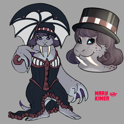 Size: 1700x1700 | Tagged: safe, artist:marykimer, mammal, walrus, blue eyes, clothes, dress, female, full body, headshot, reference, solo, solo female, teeth, top hat, tusks, umbrella