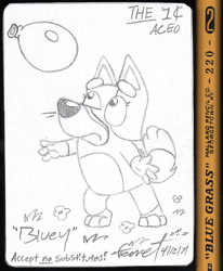 Size: 1024x1245 | Tagged: safe, artist:martenferret, bluey heeler (bluey), australian cattle dog, canine, dog, mammal, semi-anthro, bluey (series), balloon, female, frowning, irl, monochrome, photo, photographed artwork, puppy, solo, solo female, traditional art, young