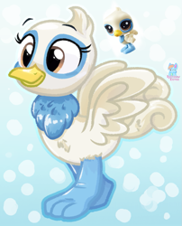 Size: 935x1157 | Tagged: safe, artist:rainbow eevee, bird, ostrich, hasbro, littlest pet shop, beak, blue feathers, bright colors, brown eyes, colorful, cute, digital art, eyebrows, fanart, feathers, gradient background, grin, happy, smiling, solo, spread wings, toy, white feathers, wings