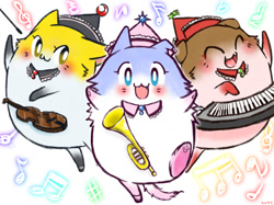 Size: 1000x747 | Tagged: safe, artist:亀作, lunasa prismriver (touhou), lyrica prismriver (touhou), merlin prismriver (touhou), cat, feline, mammal, semi-anthro, touhou, clothes, cute, female, females only, flute, hat, musical instrument, musical note, piano, siblings, sister, sisters, species swap, trio, trio female, violin
