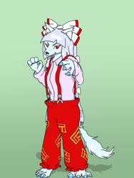 Size: 1200x1600 | Tagged: safe, artist:ライカ@スマホさん, fujiwara no mokou (touhou), canine, mammal, wolf, anthro, touhou, bottomwear, bow, clothes, female, pants, solo, solo female, species swap