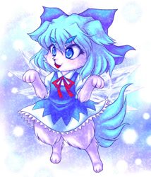 Size: 720x840 | Tagged: safe, artist:n_d-t, cirno (touhou), canine, dog, mammal, anthro, touhou, bow, clothes, cute, dress, female, ice, solo, solo female, species swap