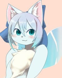 Size: 1155x1445 | Tagged: safe, artist:$phin, cirno (touhou), cat, elemental creature, fairy, feline, fictional species, ice elemental, mammal, anthro, touhou, anthrofied, bow, catified, cute, female, furrified, ice, ice fairy, solo, solo female, species swap