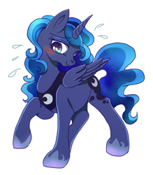 Size: 450x514 | Tagged: safe, artist:リファー, princess luna (mlp), alicorn, equine, fictional species, mammal, pony, feral, friendship is magic, hasbro, my little pony, 2017, cute, feathered wings, feathers, female, low res, mare, solo, solo female, sweat, sweatdrop, wings