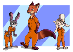 Size: 1280x922 | Tagged: safe, artist:pastelltofu, dawn bellwether (zootopia), judy hopps (zootopia), nick wilde (zootopia), bovid, canine, caprine, fox, lagomorph, mammal, rabbit, sheep, anthro, disney, zootopia, arm fluff, cheek fluff, clothes, digital art, evil grin, female, fluff, frustrated, fur, glasses, grin, looking at each other, male, multicolored fur, open mouth, partially transparent background, prison outfit, prisoner, smirk, transparent background