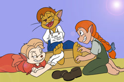 Size: 1500x994 | Tagged: safe, artist:chaoskomori, amy lawrence (tom sawyer), becky thatcher (tom sawyer), tom sawyer (tom sawyer), cat, feline, mammal, anthro, tom sawyer (film), barefoot, clothes, feather, feet, female, group, male, shoes, stocks, teenager, tickle torture, tickling, tomboy