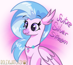 Size: 1452x1290 | Tagged: safe, artist:rolexwatch31, silverstream (mlp), bird, equine, fictional species, hippogriff, mammal, feral, friendship is magic, hasbro, my little pony, cute, digital art, eyebrows, eyelashes, fanart, female, folded wings, future, grin, jewelry, necklace, purple eyes, simple background, smiling, solo, solo female, text, watermark, wings