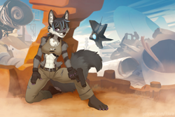 Size: 4500x3000 | Tagged: safe, artist:iskra, oc, oc only, oc:kyla gray (zardoseus), canine, fox, mammal, anthro, plantigrade anthro, bungie, destiny (franchise), 2021, abs, belly, belly button, black body, black fur, black hair, black nose, blue hair, bottomwear, bra, breasts, chest fluff, claws, cleavage, clothes, ear fluff, ears, eyebrows, eyelashes, female, fingerless gloves, fluff, fur, gloves, gray body, gray fur, gun, hair, handgun, high res, jewelry, midriff, multicolored fur, multicolored hair, muscles, muscular female, necklace, pants, paw feet, paw pads, paws, pistol, purple eyes, shoulder fluff, solo, solo female, stomach, tail, tail fluff, tank top, thighs, topwear, torn clothes, two toned hair, underwear, vixen, weapon, white body, white fur, white paw pads