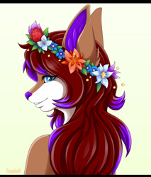 Size: 1025x1201 | Tagged: safe, artist:octavio-monstero, canine, fox, mammal, anthro, blue eyes, brown body, brown fur, commission, ear fluff, female, flower, flower crown, flower in hair, fluff, fur, hair, hair accessory, looking back, multicolored fur, multicolored hair, purple hair, purple nose, red hair, smiling, solo, solo female, vixen, white body, white fur, ych result