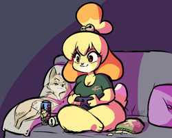 Size: 800x642 | Tagged: safe, artist:awdtwit, isabelle (animal crossing), canine, dog, mammal, shih tzu, anthro, animal crossing, nintendo, star fox, body pillow, brown eyes, chips, clothes, controller, couch, crossed legs, dipstick tail, drink, eyebrows, eyelashes, female, food, fur, hair, licking, licking lips, pillow, shirt, simple background, sitting, soda, solo, solo female, t-shirt, tail, tongue, tongue out, topwear, yellow body, yellow fur, yellow hair
