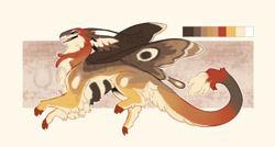 Size: 1280x688 | Tagged: safe, artist:hoot, oc, arthropod, dragon, fictional species, furred dragon, hybrid, insect, moth, feral, 2021, abstract background, adoptable, ambiguous gender, antennae, brown body, butterfly wings, color palette, cream body, digital art, ears, obtrusive watermark, orange body, reference sheet, side view, solo, solo ambiguous, tail, tan body, watermark, webbed wings, wings, yellow body