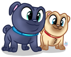 Size: 1023x818 | Tagged: safe, artist:rainbow eevee, bingo (puppy dog pals), rolly (puppy dog pals), canine, dog, mammal, pug, feral, disney, puppy dog pals, blue eyes, brother, brothers, cute, duo, duo male, grin, looking down, male, males only, old art, siblings, simple background, smiling, teal eyes, transparent background, vector