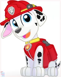 Size: 1019x1280 | Tagged: safe, artist:rainbow eevee, marshall (paw patrol), canine, dalmatian, dog, mammal, feral, nickelodeon, paw patrol, 2020, bag, black nose, clothes, digital art, ears, fur, helmet, looking at you, male, open mouth, simple background, sitting, solo, solo male, spotted body, spotted fur, tail, tongue, topwear, vest
