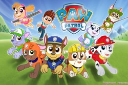 Size: 1280x851 | Tagged: safe, artist:rainbow eevee, chase (paw patrol), everest (paw patrol), marshall (paw patrol), rocky (paw patrol), rubble (paw patrol), ryder (paw patrol), skye (paw patrol), tracker (paw patrol), zuma (paw patrol), canine, chihuahua, cockapoo, dalmatian, dog, english bulldog, german shepherd, human, husky, labrador, mammal, mutt, nordic sled dog, feral, nickelodeon, paw patrol, 2020, bag, black nose, cap, clothes, digital art, ears, fur, goggles, group, hat, helmet, jetpack, looking at you, male, open mouth, running, simple background, sitting, spotted body, spotted fur, tail, tongue, topwear, vest