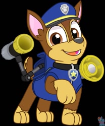 Size: 1065x1280 | Tagged: safe, artist:rainbow eevee, chase (paw patrol), canine, dog, german shepherd, mammal, feral, nickelodeon, paw patrol, 2020, bag, black nose, clothes, collar, digital art, ears, fur, hat, looking at you, male, paws, simple background, solo, solo male, tail, topwear, vest