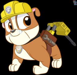 Size: 1280x1248 | Tagged: safe, artist:rainbow eevee, rubble (paw patrol), bulldog, canine, dog, english bulldog, mammal, feral, nickelodeon, paw patrol, 2020, bag, black nose, collar, digital art, ears, fur, helmet, looking at you, male, paws, simple background, solo, solo male, tail