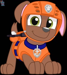 Size: 1136x1280 | Tagged: safe, artist:rainbow eevee, zuma (paw patrol), canine, dog, labrador, mammal, feral, nickelodeon, paw patrol, 2020, bag, black nose, clothes, collar, digital art, ears, fur, helmet, looking at you, male, paws, simple background, solo, solo male, tail, topwear, vest