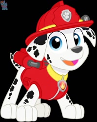 Size: 1017x1280 | Tagged: safe, artist:rainbow eevee, marshall (paw patrol), canine, dalmatian, dog, mammal, feral, nickelodeon, paw patrol, 2020, bag, black nose, clothes, collar, digital art, ears, fur, helmet, looking at you, male, paws, simple background, solo, solo male, spotted body, spotted fur, tail, topwear, vest