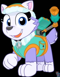 Size: 999x1280 | Tagged: safe, artist:rainbow eevee, everest (paw patrol), canine, dog, husky, mammal, nordic sled dog, feral, nickelodeon, paw patrol, 2020, bag, beanie, black nose, clothes, collar, digital art, ears, female, fur, hat, looking at you, paws, simple background, solo, solo female, tail, topwear, vest