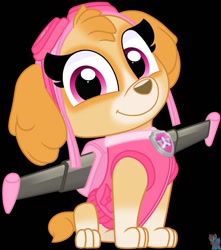 Size: 1129x1280 | Tagged: safe, artist:rainbow eevee, skye (paw patrol), canine, cockapoo, dog, mammal, feral, nickelodeon, paw patrol, 2020, bag, black nose, clothes, collar, digital art, ears, female, fur, goggles, jetpack, looking at you, paws, simple background, sitting, solo, solo female, tail, topwear, vest