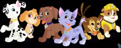 Size: 1280x512 | Tagged: safe, artist:rainbow eevee, chase (paw patrol), marshall (paw patrol), rocky (paw patrol), rubble (paw patrol), skye (paw patrol), zuma (paw patrol), canine, cockapoo, dalmatian, dog, english bulldog, german shepherd, labrador, mammal, mutt, feral, nickelodeon, paw patrol, 2020, black nose, clothes, collar, digital art, ears, female, fur, group, helmet, male, open mouth, sky, spotted body, spotted fur, tail, tail wag, tongue, tongue out, topwear, vest