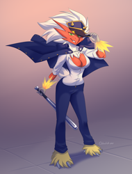 Size: 3802x5000 | Tagged: safe, artist:0strolist, oc, oc only, oc:hanako (lyorenth-the-dragon), bird, blaziken, fictional species, anthro, nintendo, pokémon, 2021, absolute cleavage, absurd resolution, bancho, baseball bat, bottomwear, breasts, cleavage, clothes, colored sclera, eyebrows, female, fur, gradient background, green eyes, hair, hand hold, hat, high res, holding, looking at you, mane, pants, red body, red fur, short tail, solo, solo female, standing, starter pokémon, tail, white hair, white mane, white tail, yellow body, yellow fur, yellow sclera
