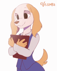 Size: 1024x1280 | Tagged: safe, artist:vesmirart, inui (aggretsuko), canine, dog, mammal, anthro, aggretsuko, sanrio, spoiler, spoiler:aggretsuko s3, 2020, 2d, 2d animation, animated, blushing, clothes, cute, eyebrows, eyelashes, eyes closed, female, frame by frame, fur, holding object, long ears, looking at you, multicolored fur, no sound, signature, simple background, smiling, smiling at you, solo, solo female, tail, two toned body, two toned fur, webm, white background, white body, white fur, yellow body, yellow fur